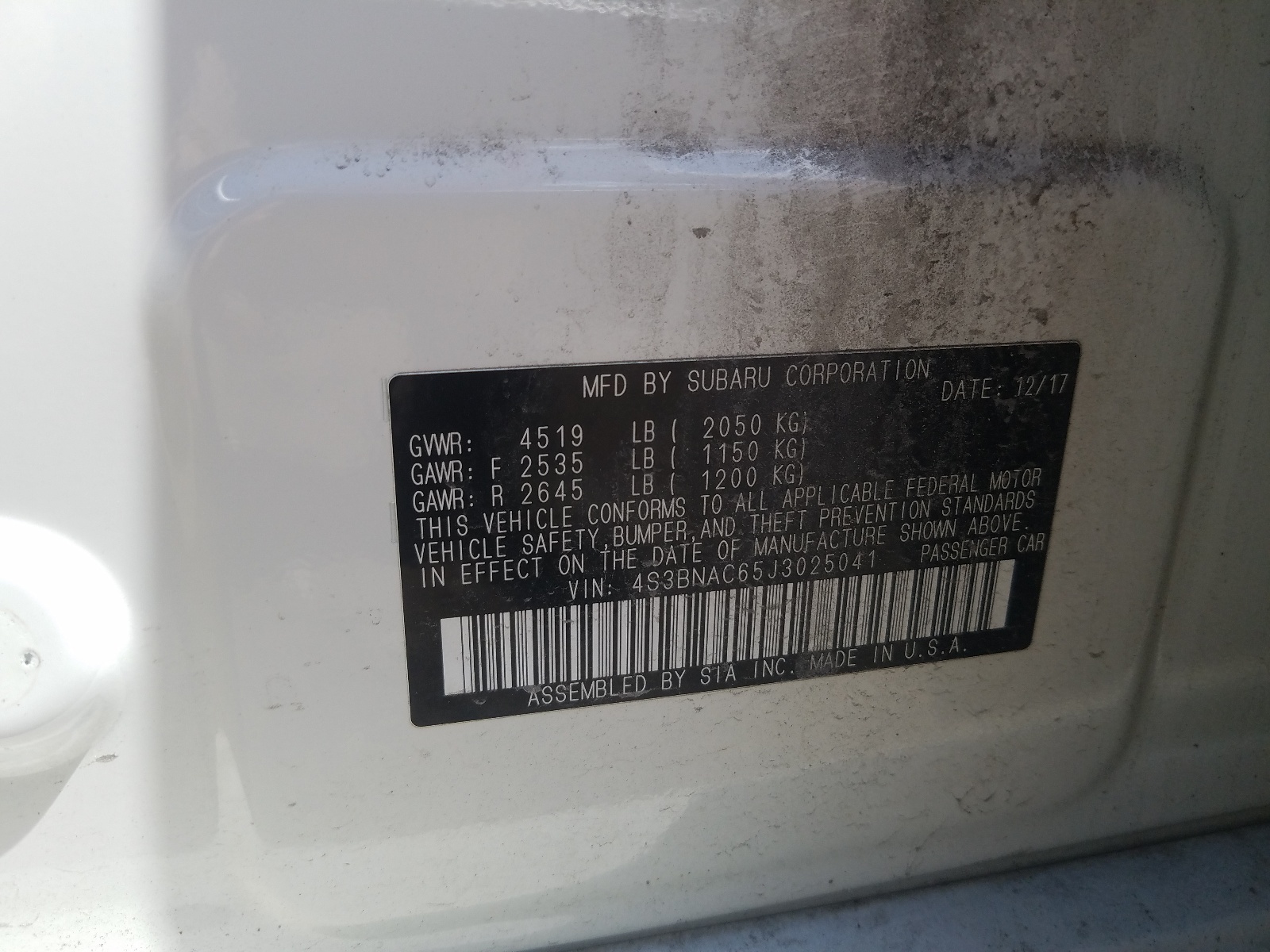 Photo 10 from auction – 2018 SUBARU LEGACY 2.5 with VIN 4S3BNAC65J3025041