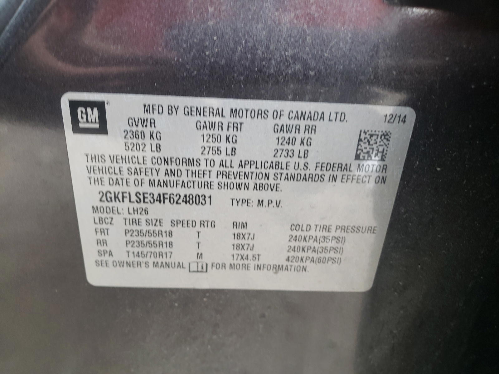 Photo 10 from auction – 2015 GMC TERRAIN SL with VIN 2GKFLSE34F6248031