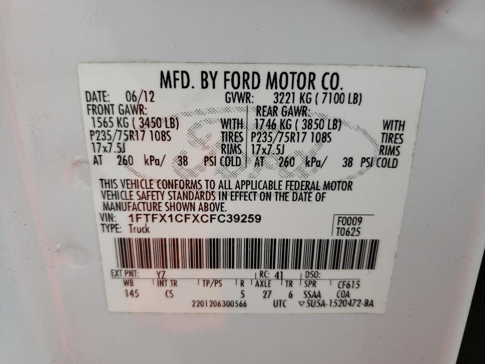 Photo 10 from auction – 2012 FORD F150 SUPER with VIN 1FTFX1CFXCFC39259