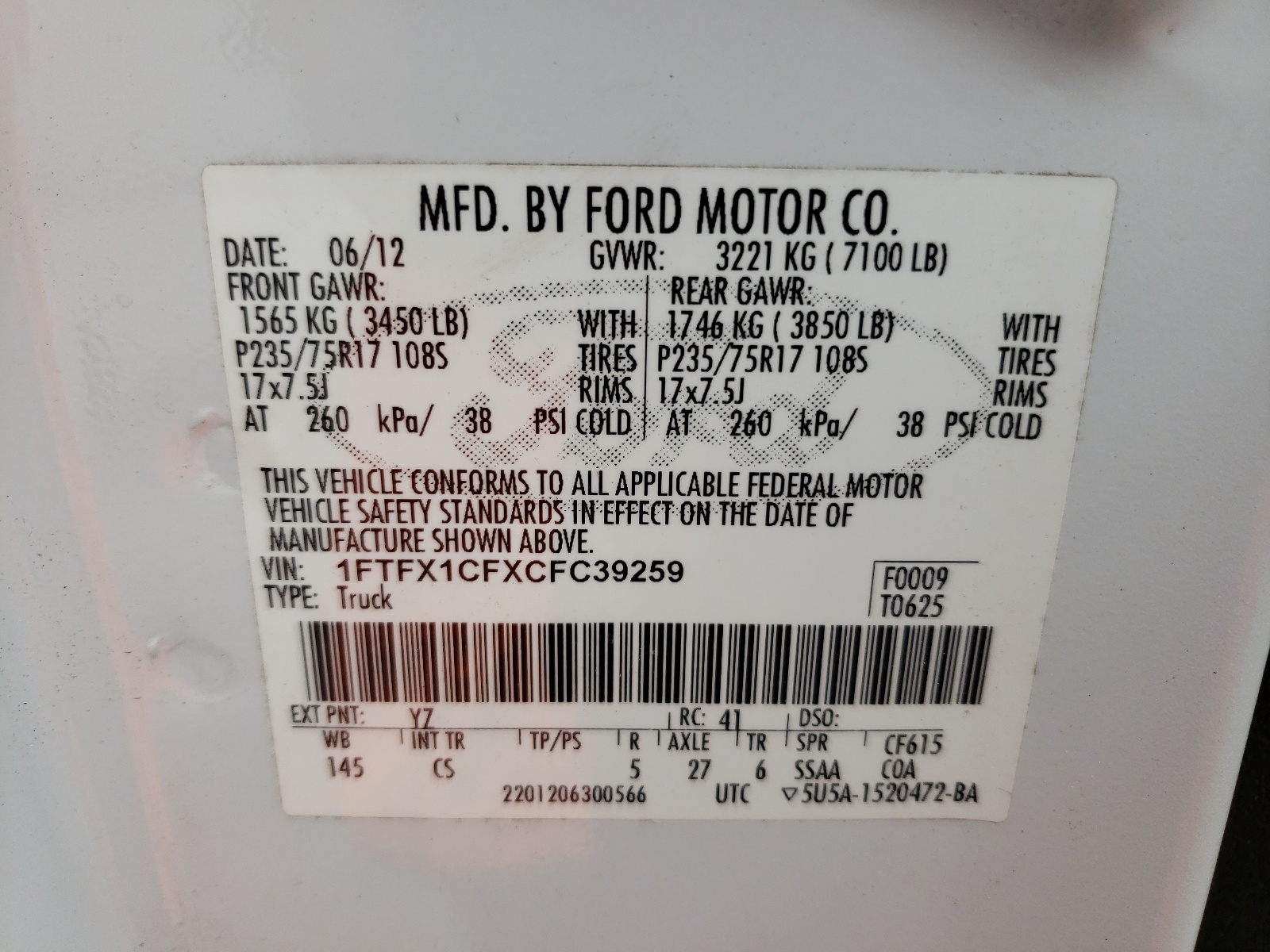 Фото 10 с аукциона – 2012 FORD F150 SUPER с VIN 1FTFX1CFXCFC39259