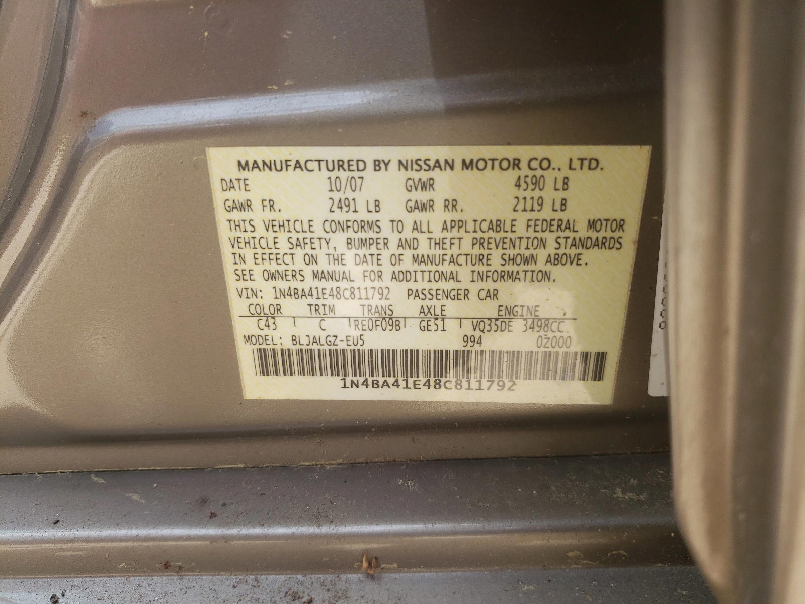 Photo 10 from auction – 2008 NISSAN MAXIMA SE with VIN 1N4BA41E48C811792