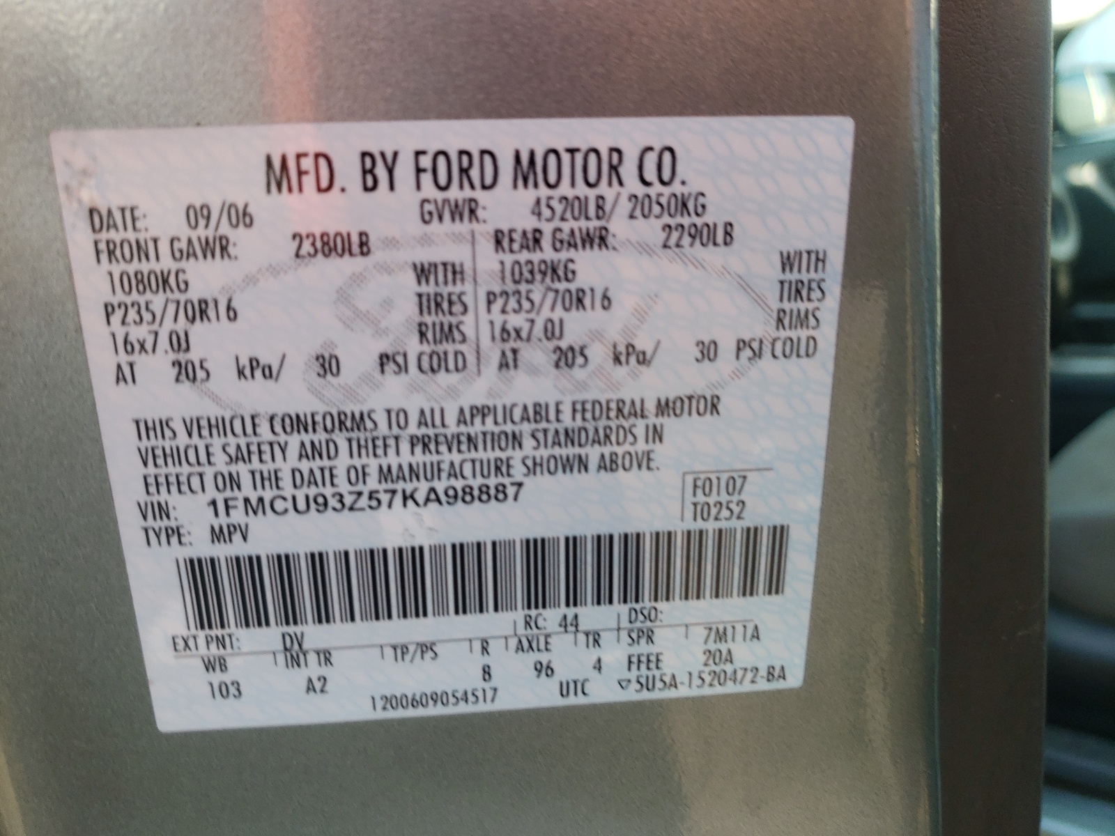 Photo 10 from auction – 2007 FORD ESCAPE XLT with VIN 1FMCU93Z57KA98887