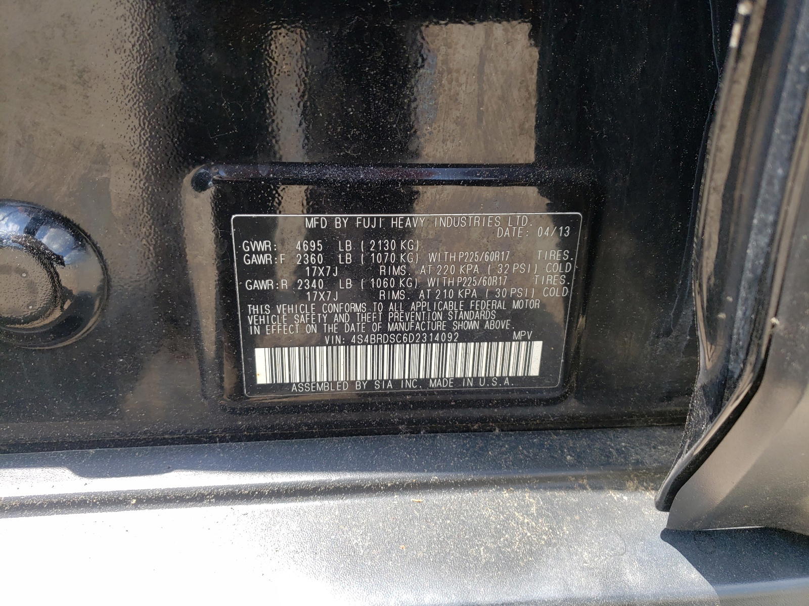 Photo 10 from auction – 2013 SUBARU OUTBACK with VIN 4S4BRDSC6D2314092