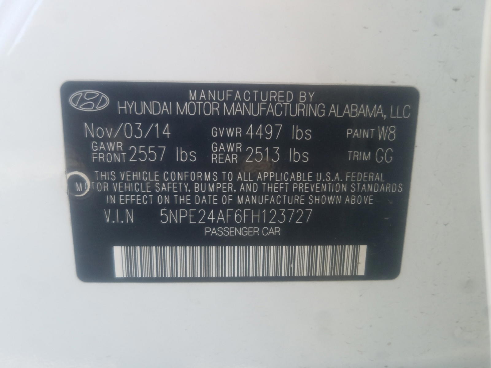 Photo 10 from auction – 2015 HYUNDAI SONATA SE with VIN 5NPE24AF6FH123727