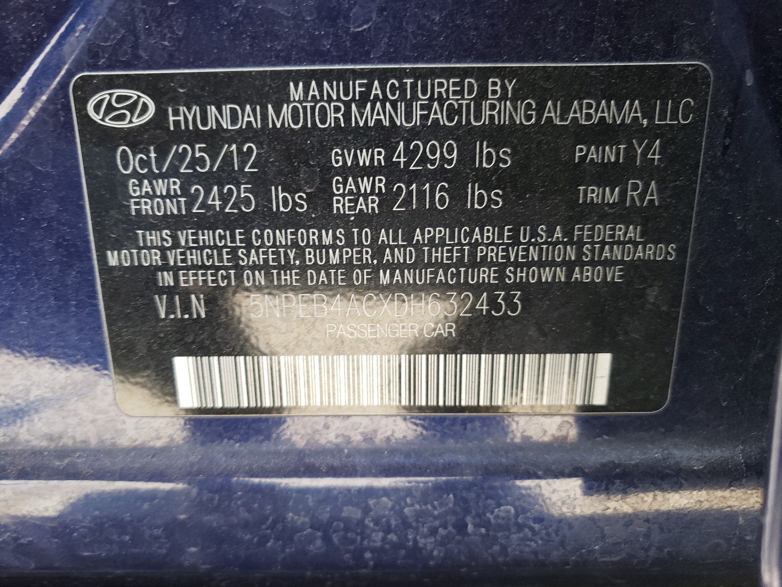 Photo 10 from auction – 2013 HYUNDAI SONATA GLS with VIN 5NPEB4ACXDH632433