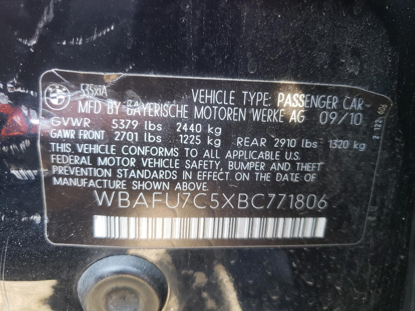 Photo 10 from auction – 2011 BMW 535 XI with VIN WBAFU7C5XBC771806