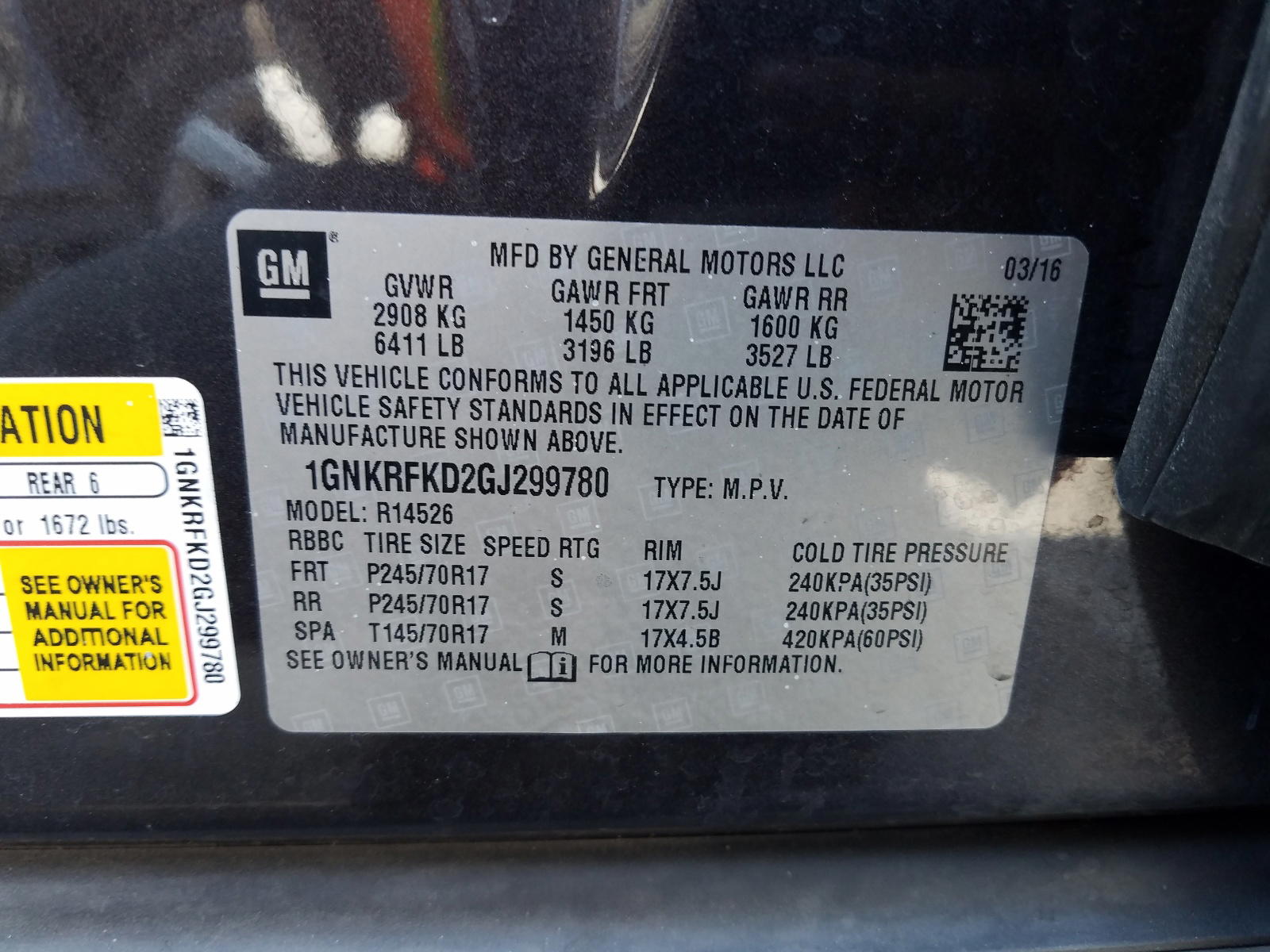 Photo 10 from auction – 2016 CHEVROLET TRAVERSE L with VIN 1GNKRFKD2GJ299780