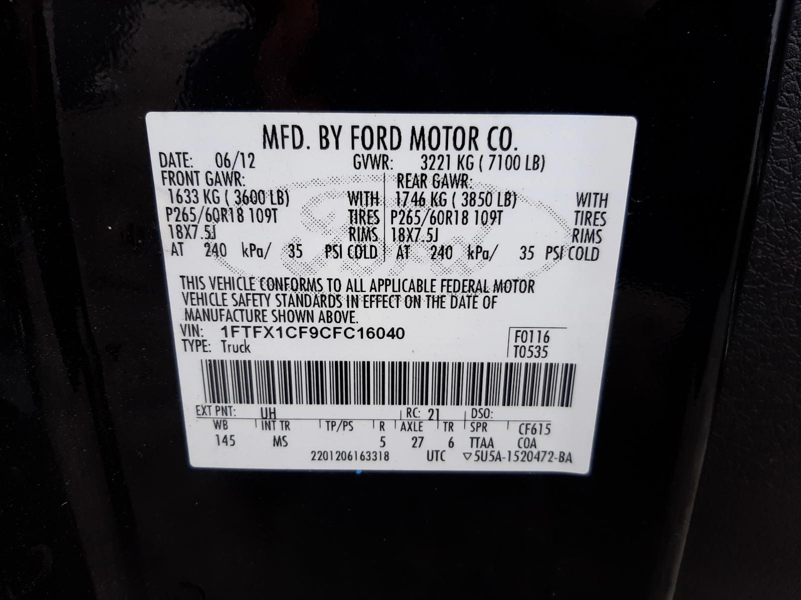 Photo 10 from auction – 2012 FORD F150 SUPER with VIN 1FTFX1CF9CFC16040
