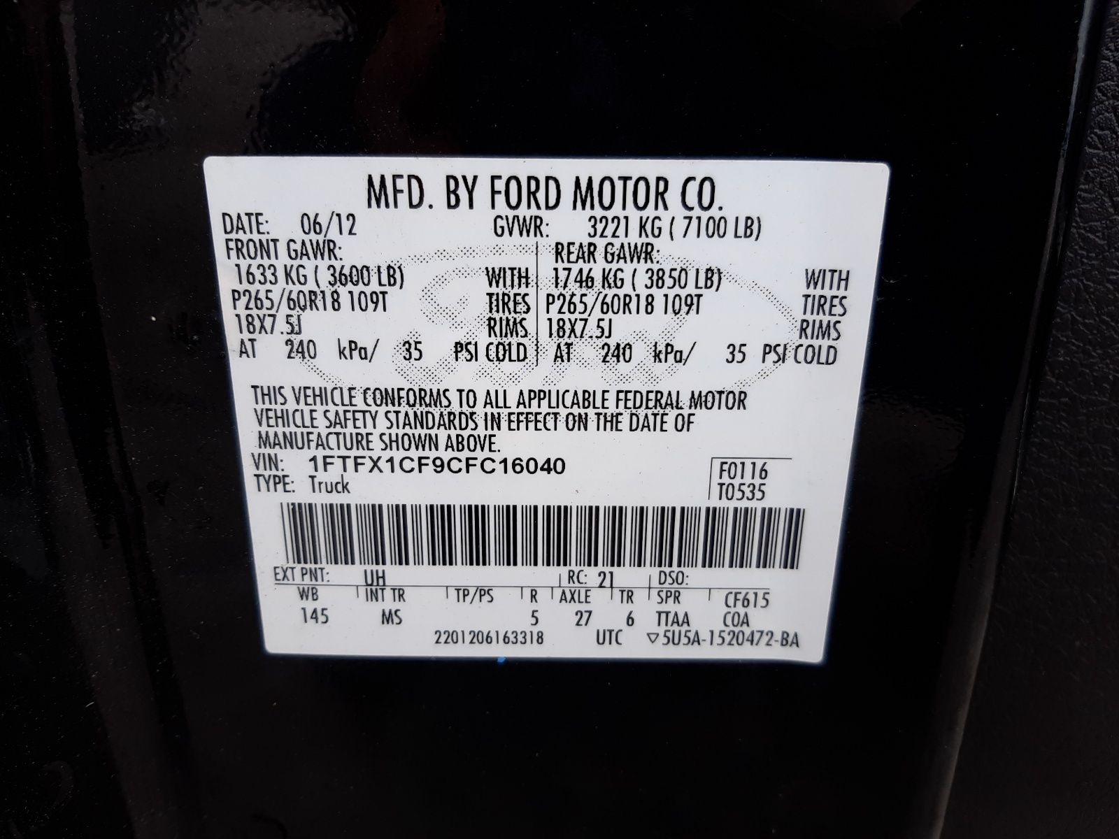 Фото 10 с аукциона – 2012 FORD F150 SUPER с VIN 1FTFX1CF9CFC16040