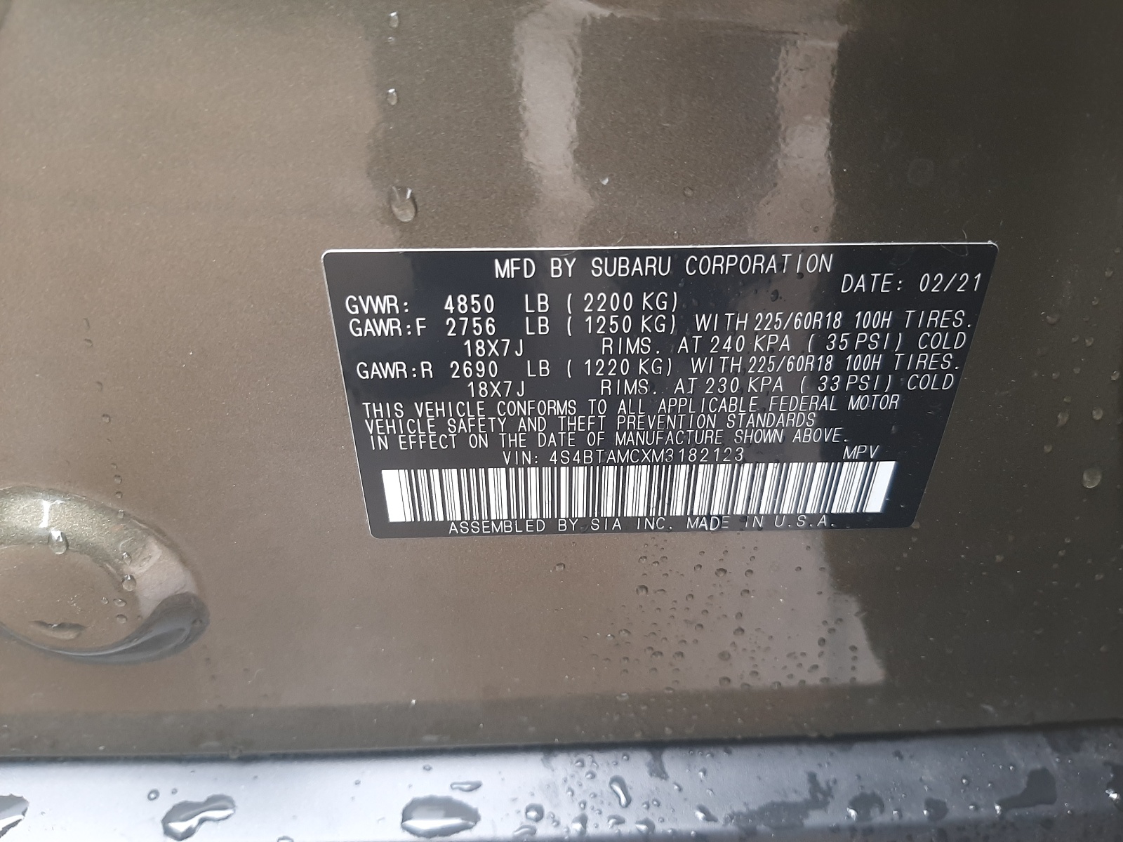 Photo 10 from auction – 2021 SUBARU OUTBACK LI with VIN 4S4BTAMCXM3182123