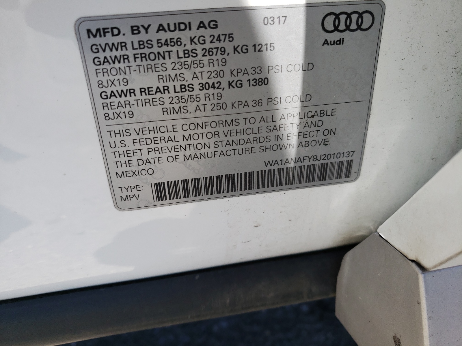 Photo 10 from auction – 2018 AUDI Q5 PREMIUM with VIN WA1ANAFY8J2010137