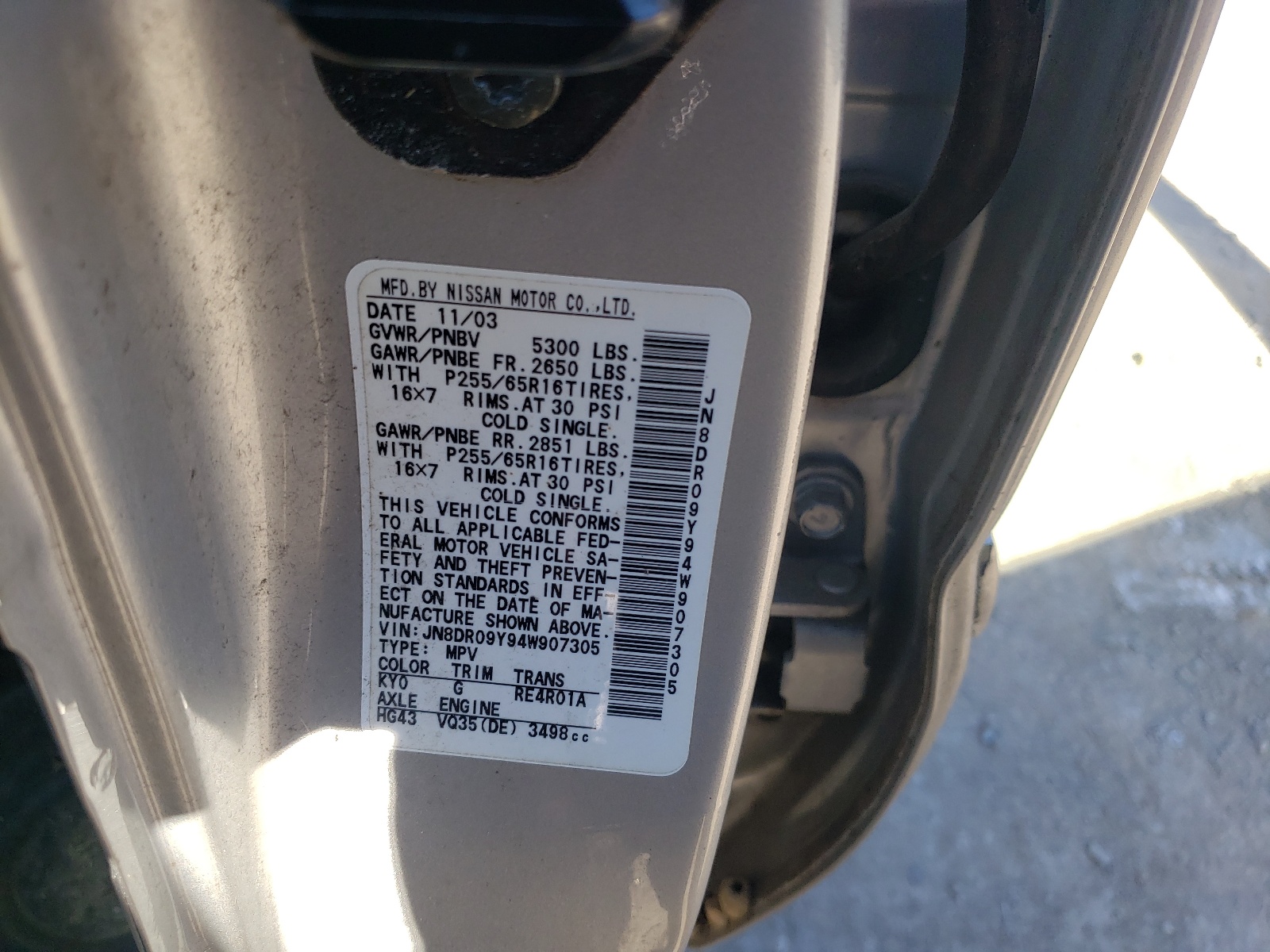 Photo 10 from auction – 2004 NISSAN PATHFINDER with VIN JN8DR09Y94W907305