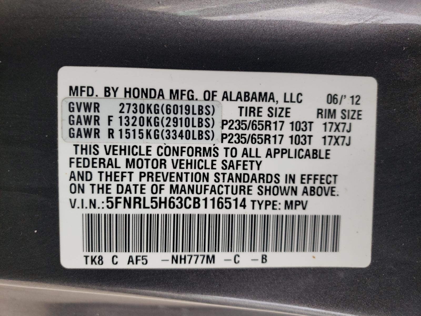 Photo 10 from auction – 2012 HONDA ODYSSEY EX with VIN 5FNRL5H63CB116514