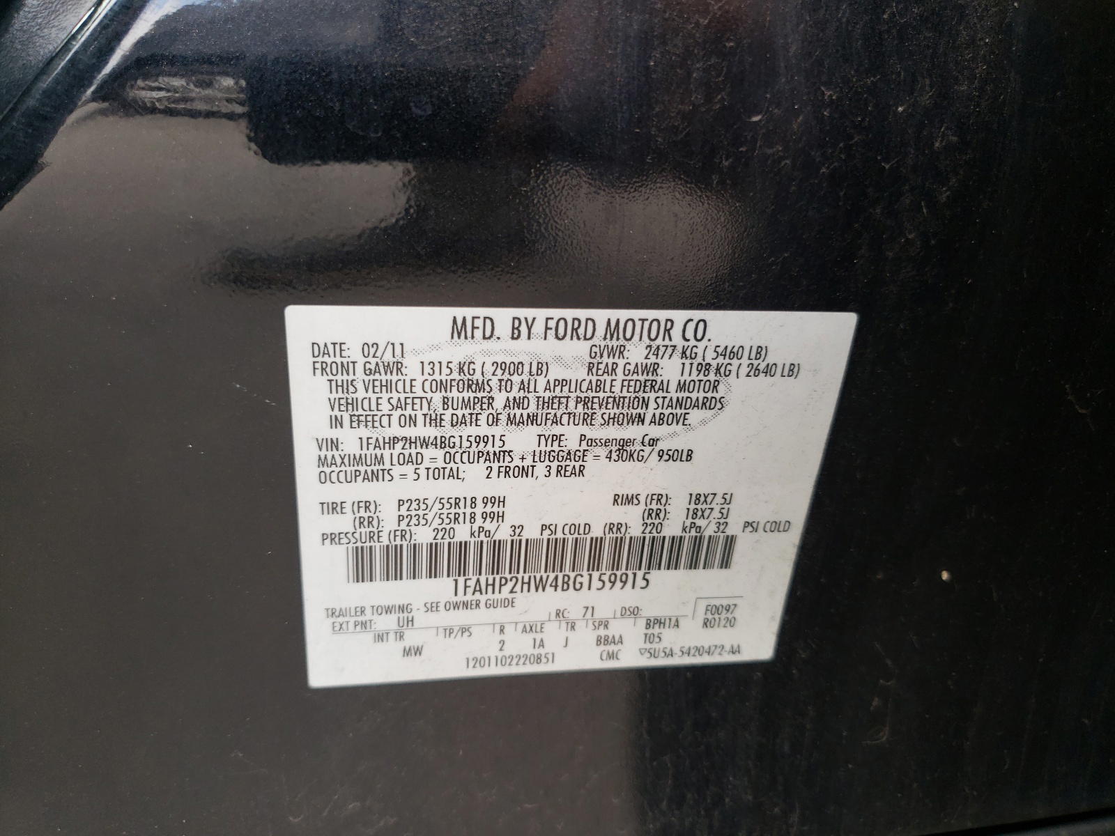 Photo 10 from auction – 2011 FORD TAURUS SEL with VIN 1FAHP2HW4BG159915