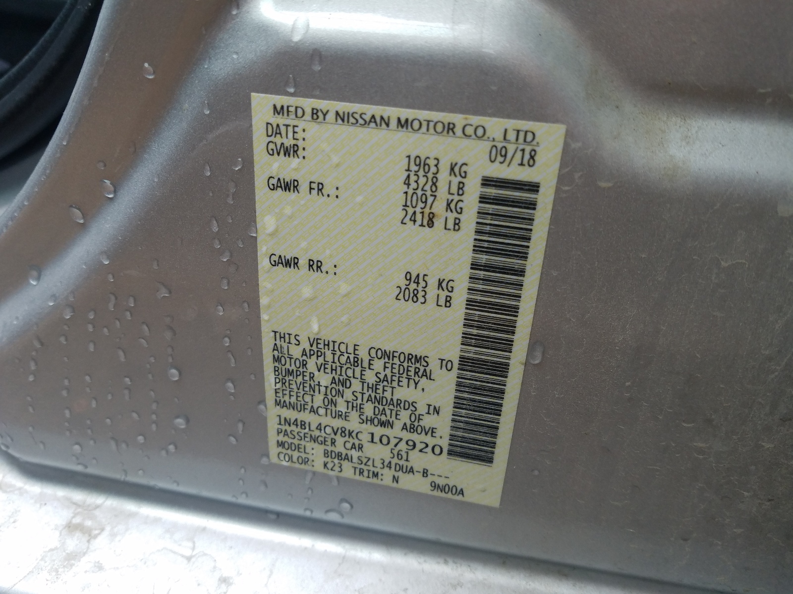 Photo 10 from auction – 2019 NISSAN ALTIMA SR with VIN 1N4BL4CV8KC107920