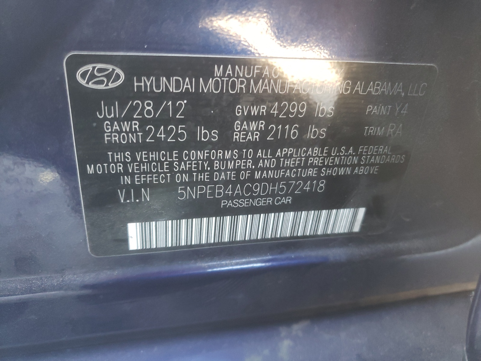 Photo 10 from auction – 2013 HYUNDAI SONATA GLS with VIN 5NPEB4AC9DH572418