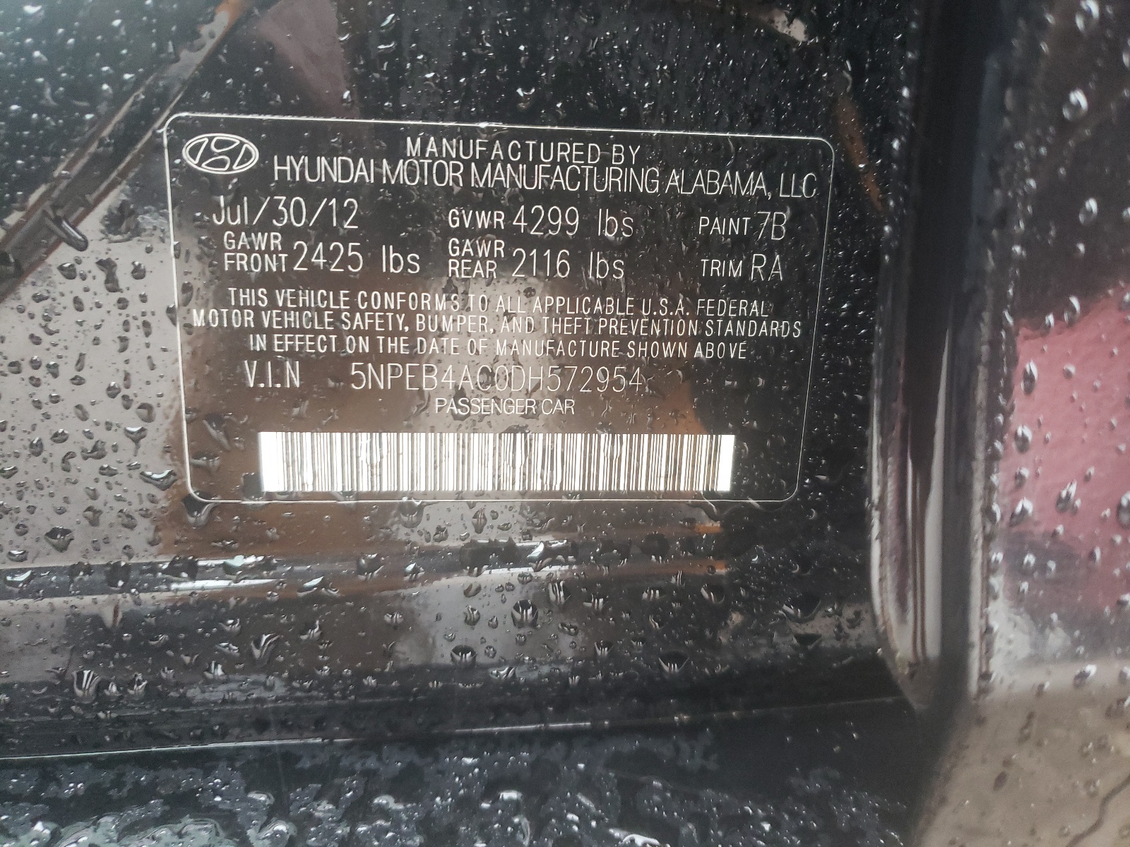 Photo 10 from auction – 2013 HYUNDAI SONATA GLS with VIN 5NPEB4AC0DH572954