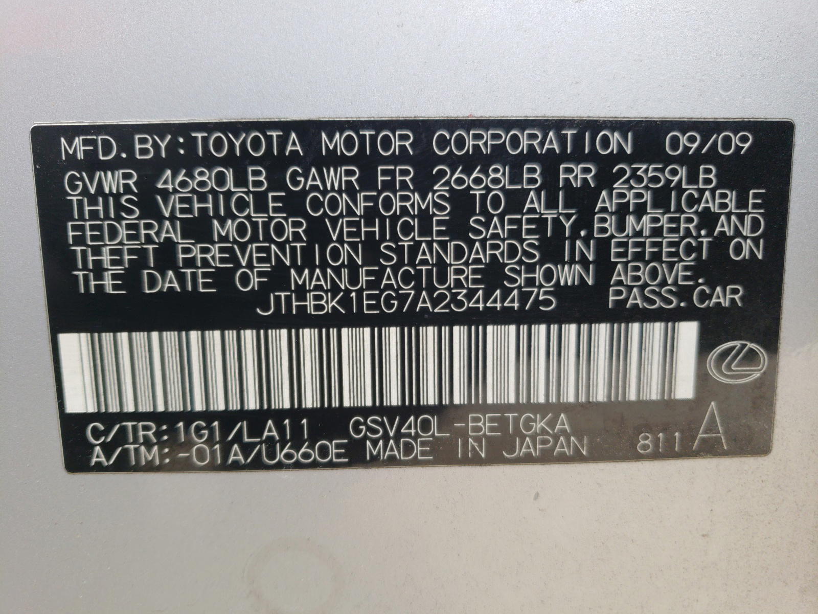 Photo 10 from auction – 2010 LEXUS ES 350 with VIN JTHBK1EG7A2344475