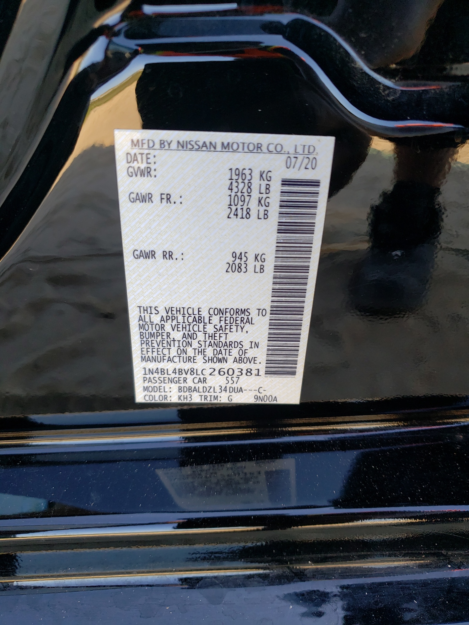 Photo 10 from auction – 2020 NISSAN ALTIMA S with VIN 1N4BL4BV8LC260381