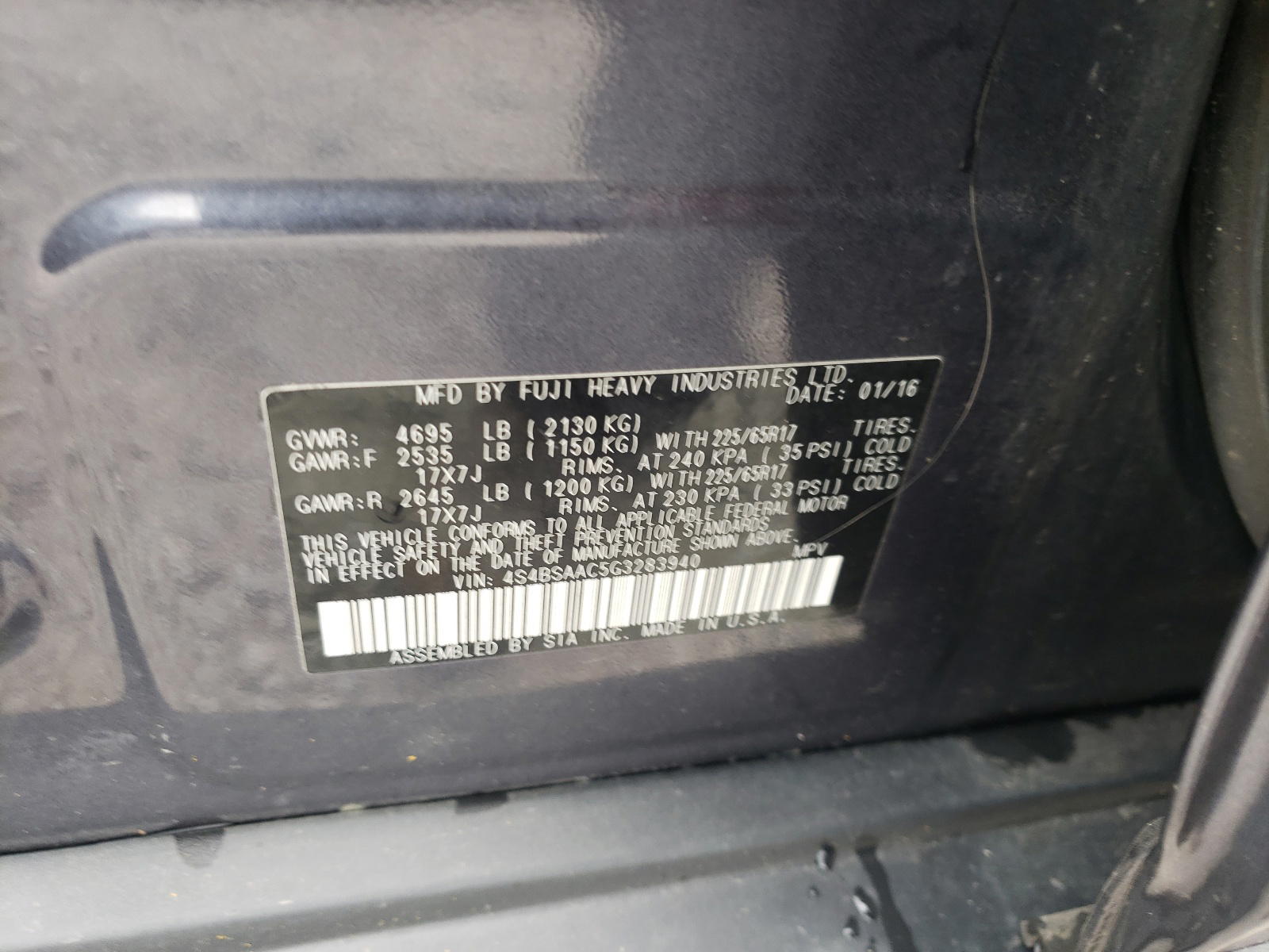 Photo 11 from auction – 2016 SUBARU OUTBACK with VIN 4S4BSAAC5G3283940