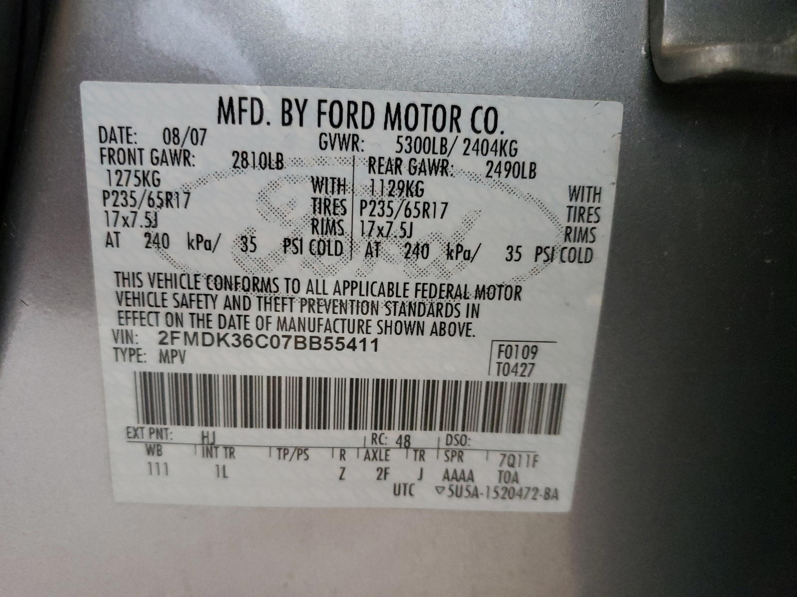 Photo 10 from auction – 2007 FORD EDGE SE with VIN 2FMDK36C07BB55411