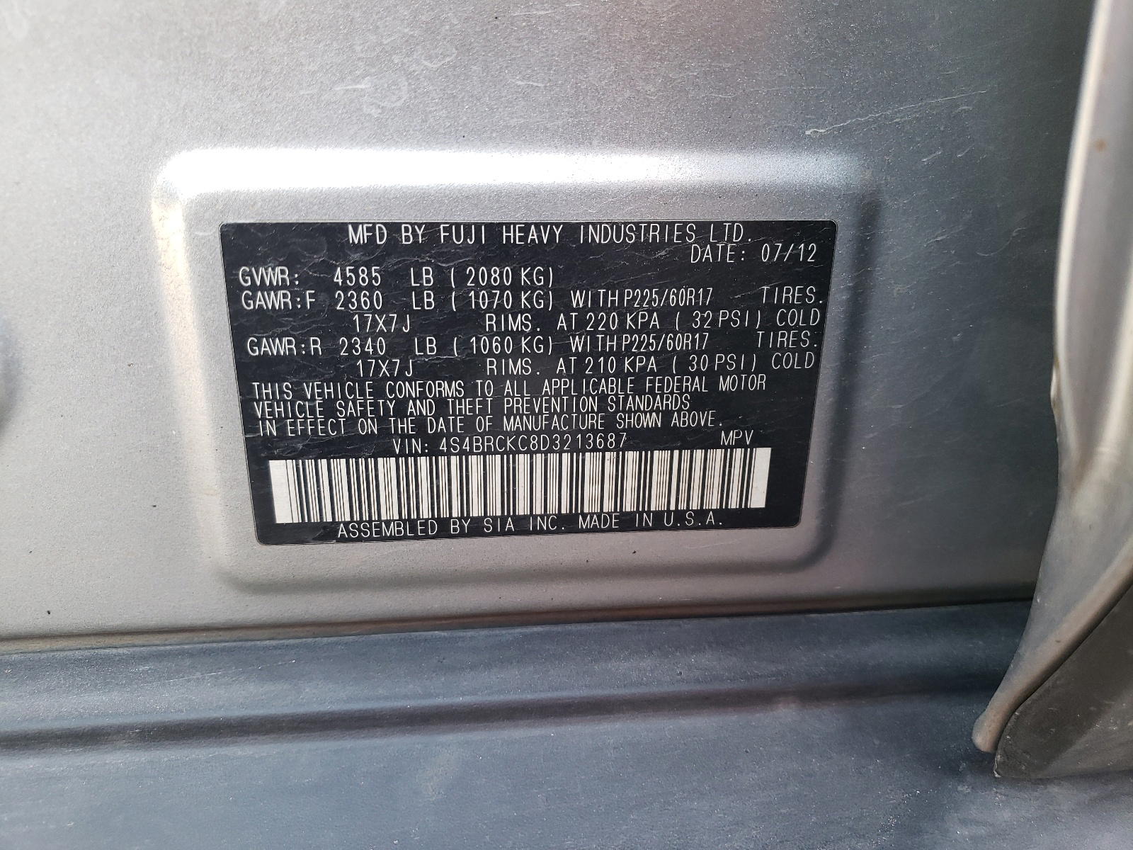 Photo 10 from auction – 2013 SUBARU OUTBACK 2. with VIN 4S4BRCKC8D3213687