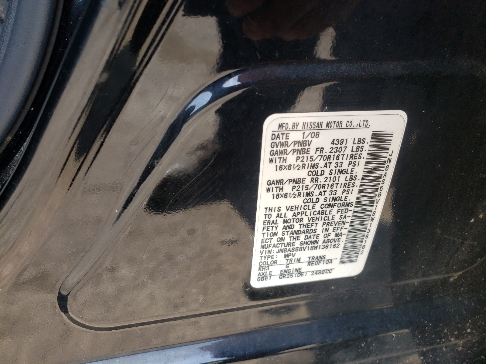 Photo 10 from auction – 2008 NISSAN ROGUE S with VIN JN8AS58V18W136162