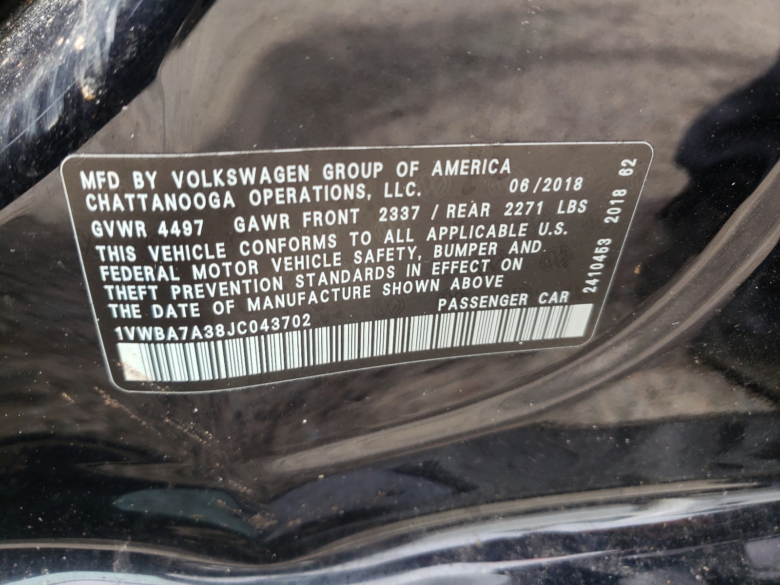 Photo 10 from auction – 2018 VOLKSWAGEN PASSAT SE with VIN 1VWBA7A38JC043702