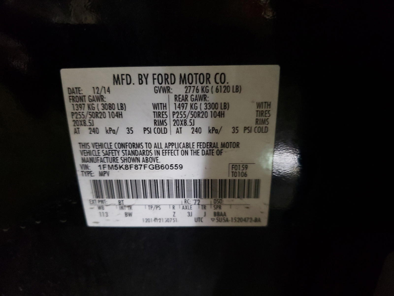 Photo 10 from auction – 2015 FORD EXPLORER L with VIN 1FM5K8F87FGB60559