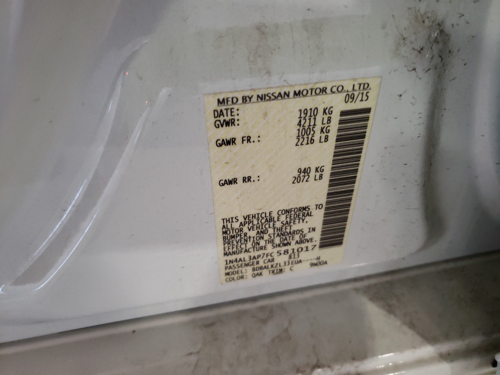 Photo 9 from auction – 2015 NISSAN ALTIMA 2.5 with VIN 1N4AL3AP7FC581017