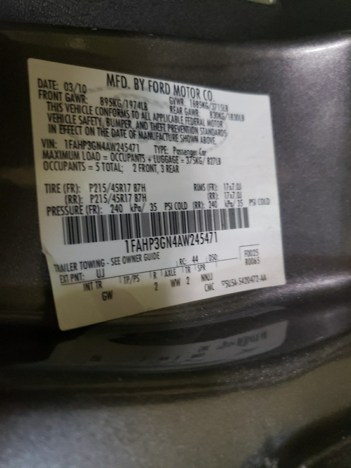 Photo 10 from auction – 2010 FORD FOCUS SES with VIN 1FAHP3GN4AW245471