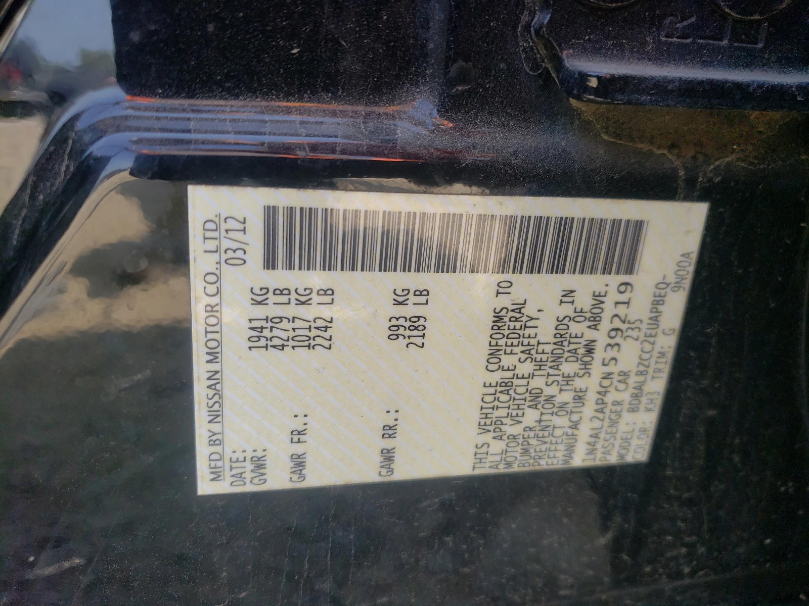 Photo 10 from auction – 2012 NISSAN ALTIMA with VIN 1N4AL2AP4CN539219