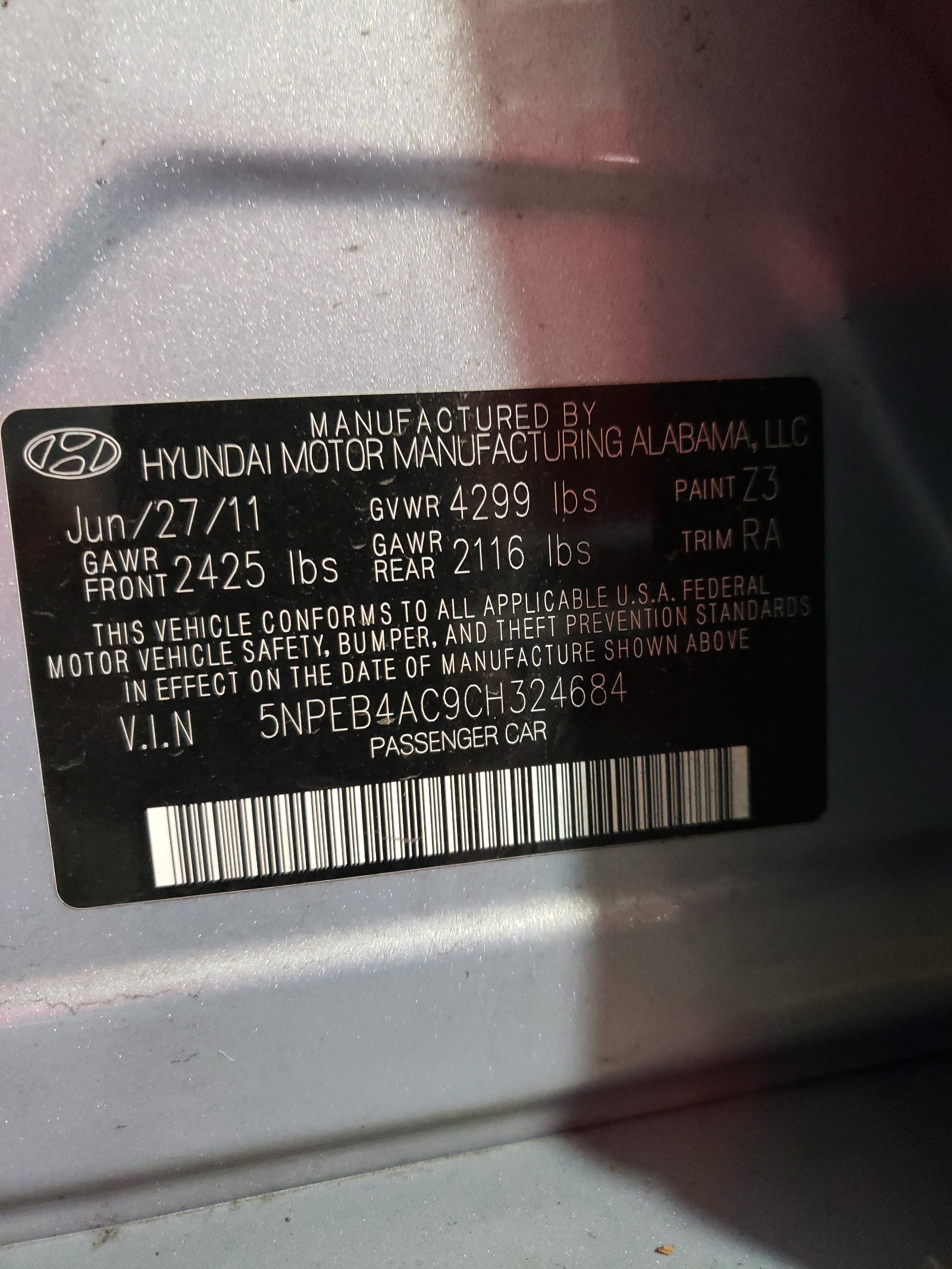Photo 10 from auction – 2012 HYUNDAI SONATA GLS with VIN 5NPEB4AC9CH324684