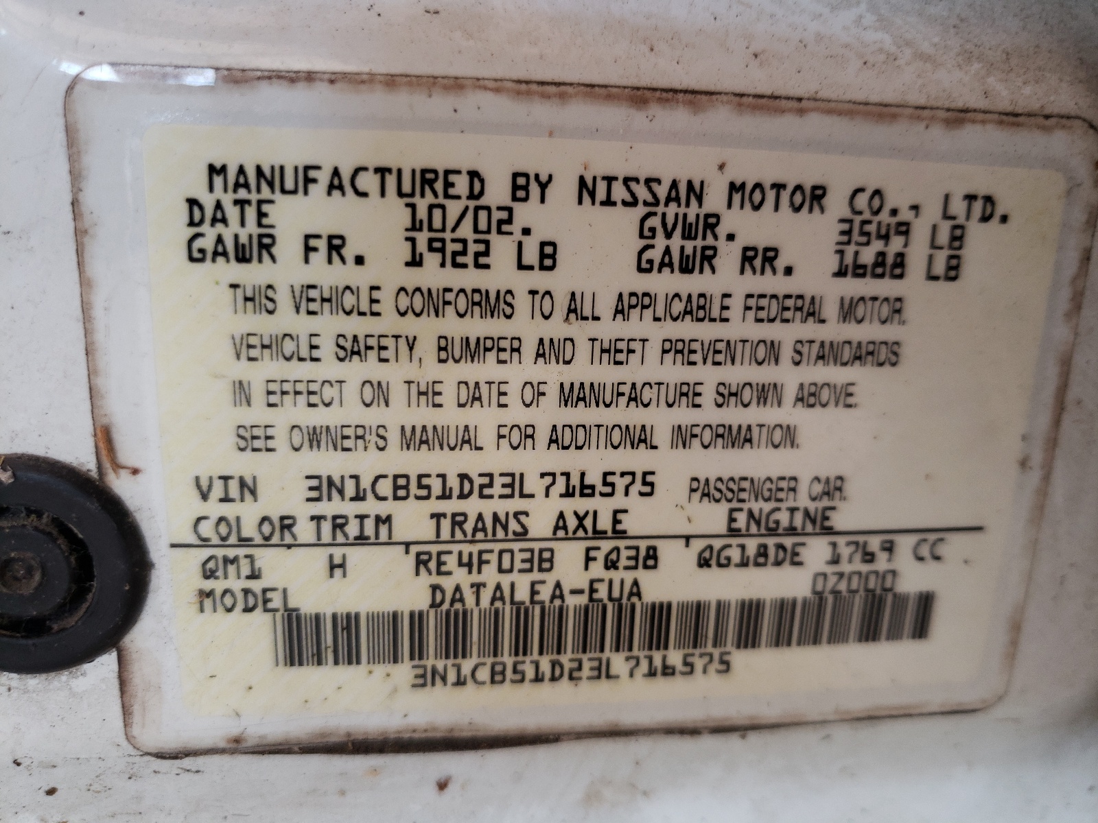 Photo 10 from auction – 2003 NISSAN SENTRA XE with VIN 3N1CB51D23L716575