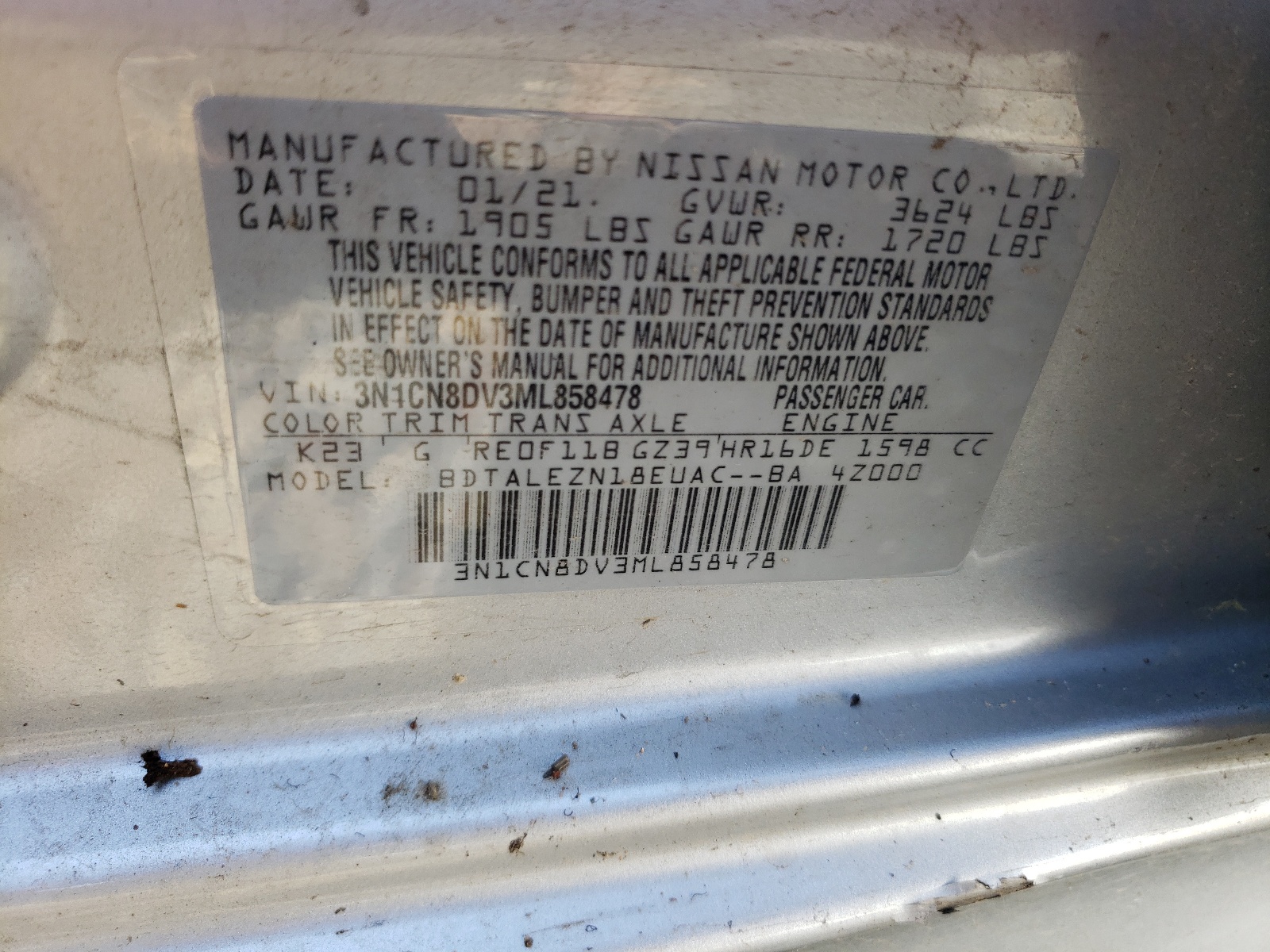 Photo 10 from auction – 2021 NISSAN VERSA S with VIN 3N1CN8DV3ML858478