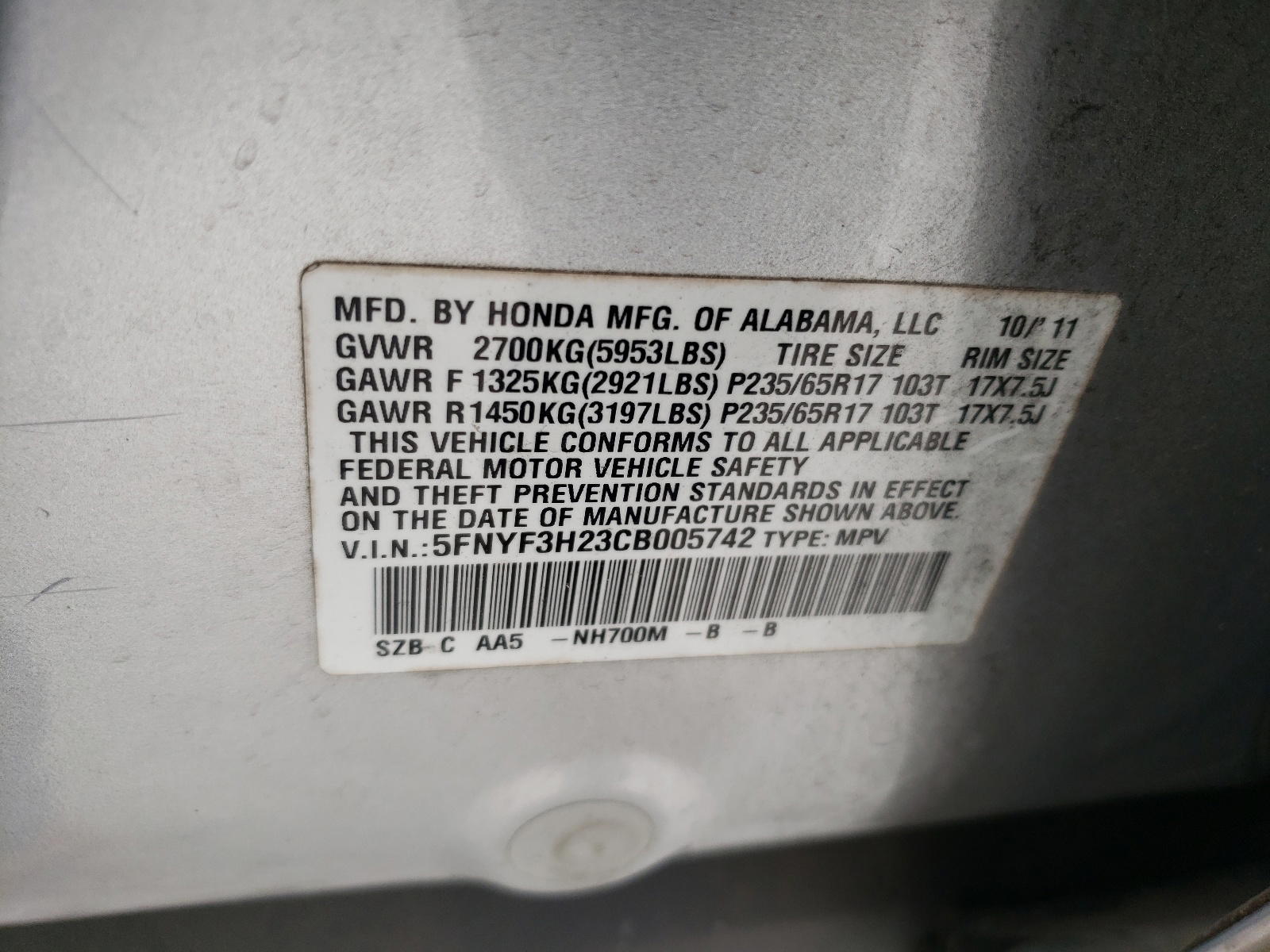 Photo 10 from auction – 2012 HONDA PILOT LX with VIN 5FNYF3H23CB005742