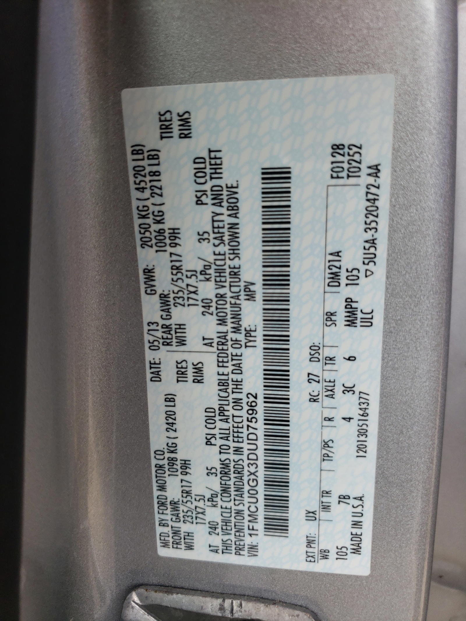 Photo 10 from auction – 2013 FORD ESCAPE SE with VIN 1FMCU0GX3DUD75962