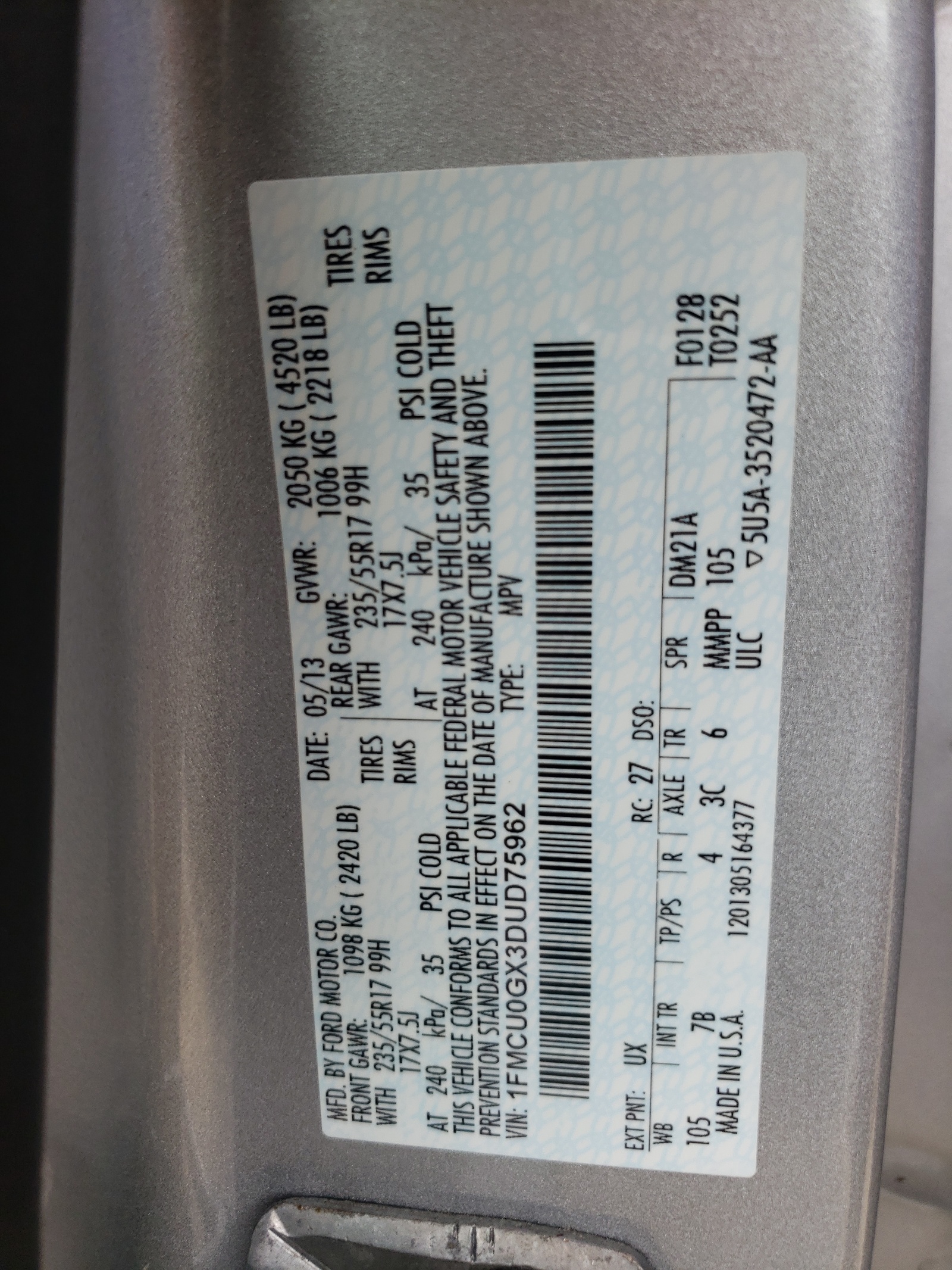 Zdjęcie 10 z aukcji – 2013 FORD ESCAPE SE z VIN 1FMCU0GX3DUD75962