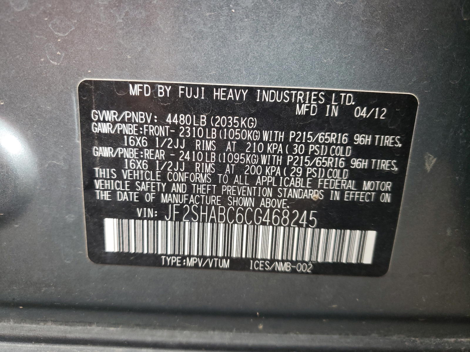 Photo 10 from auction – 2012 SUBARU FORESTER 2 with VIN JF2SHABC6CG468245