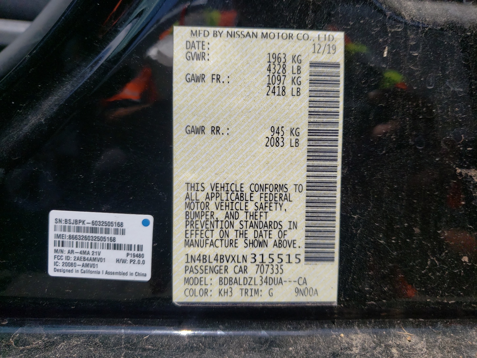 Photo 10 from auction – 2020 NISSAN ALTIMA S with VIN 1N4BL4BVXLN315515