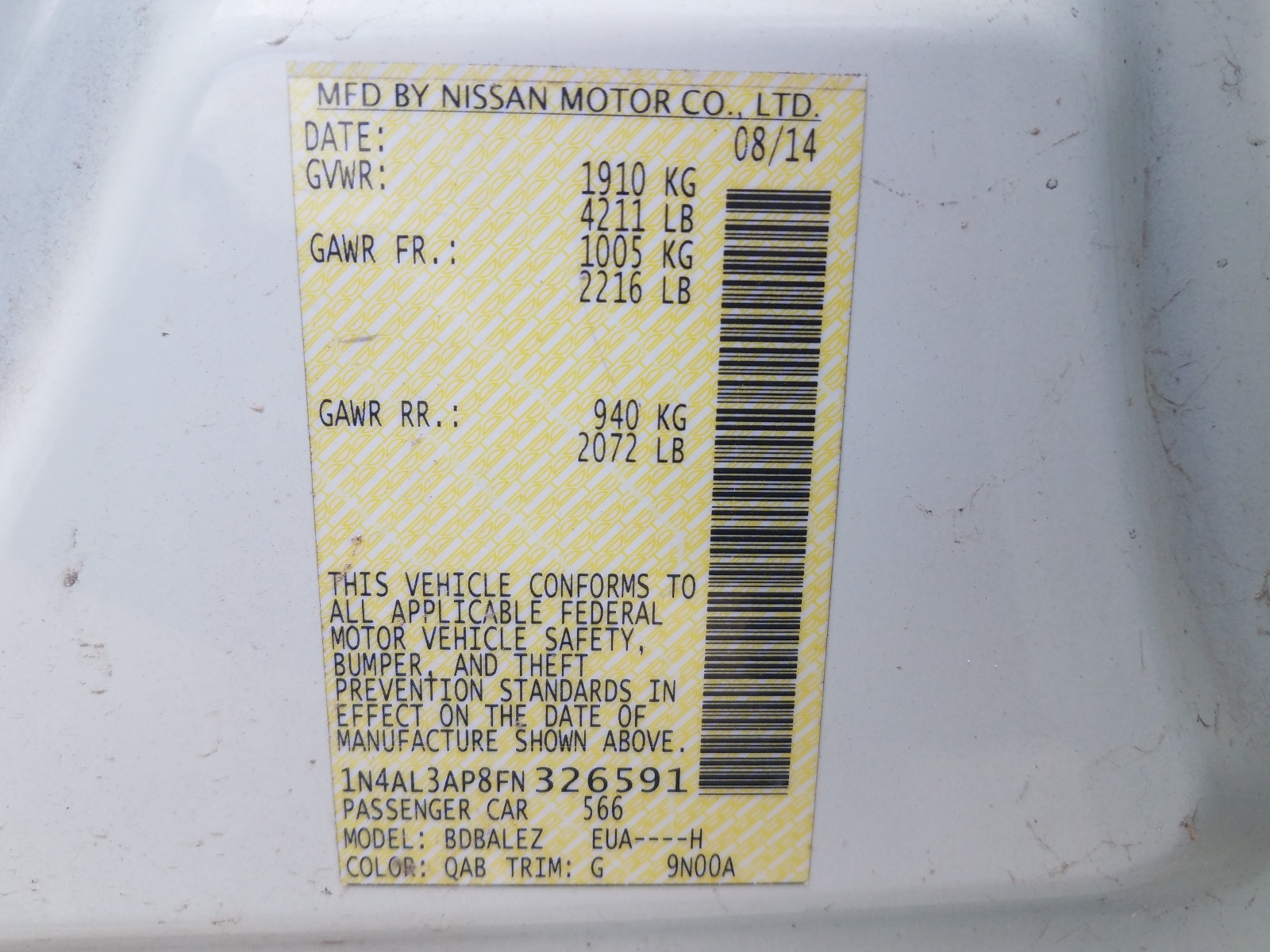 Photo 10 from auction – 2015 NISSAN ALTIMA 2.5 with VIN 1N4AL3AP8FN326591