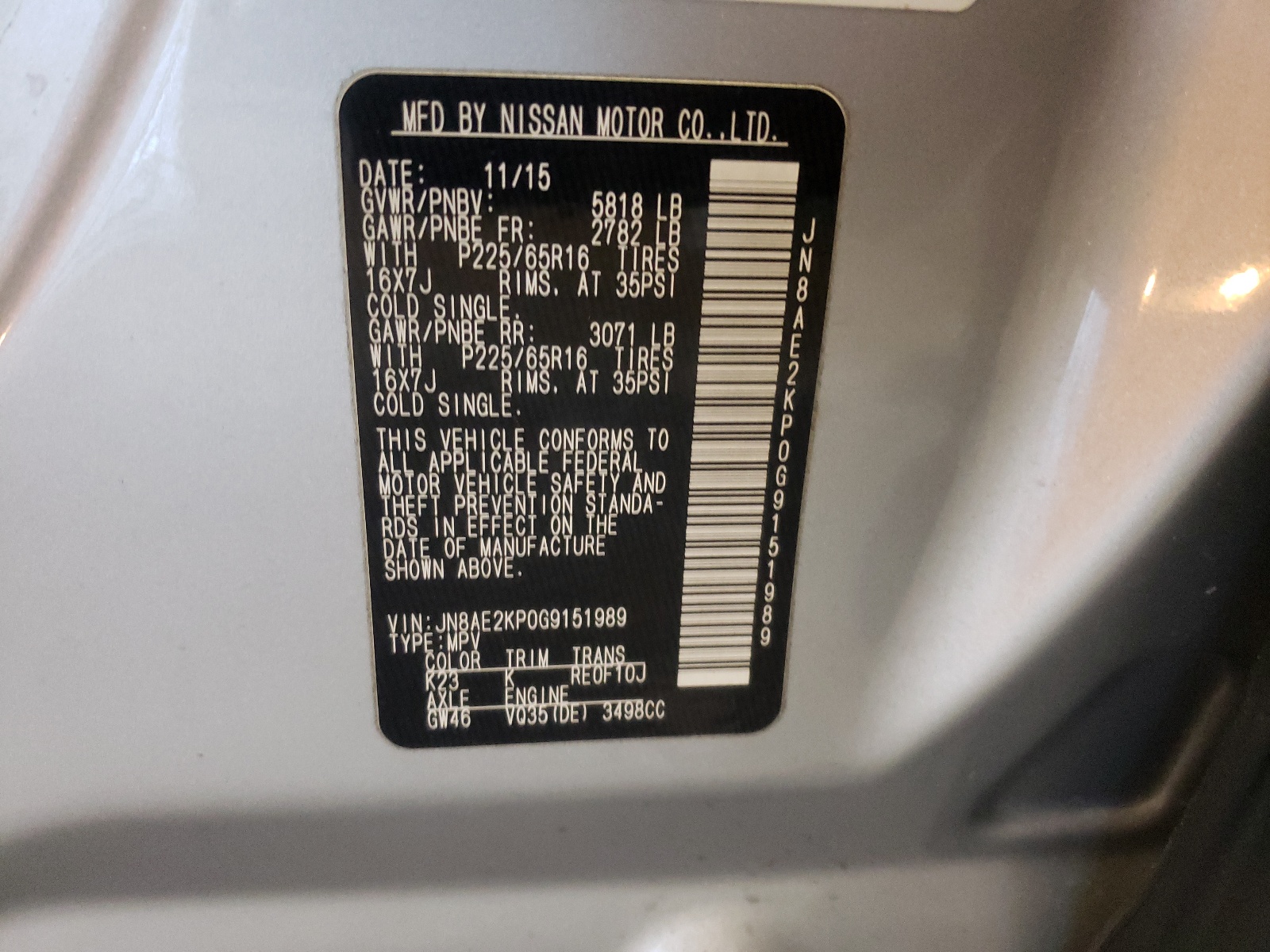 Photo 10 from auction – 2016 NISSAN QUEST S with VIN JN8AE2KP0G9151989