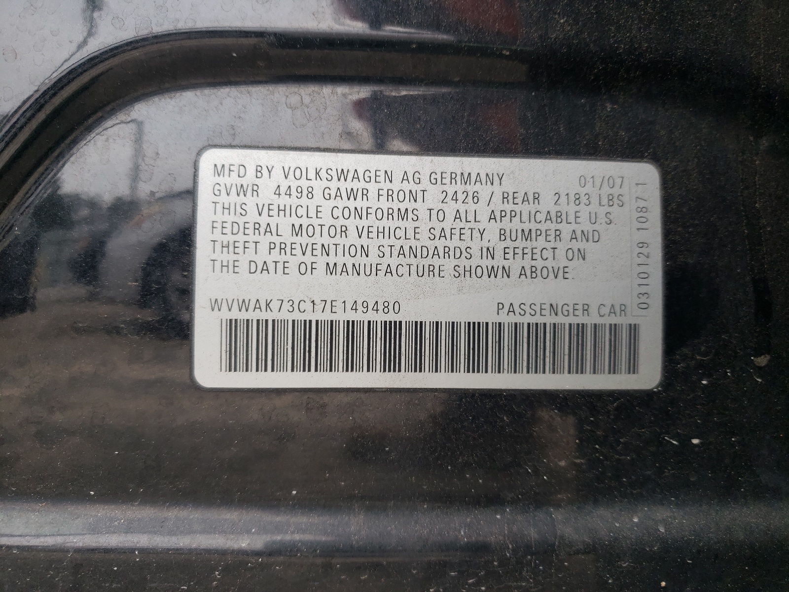 Photo 10 from auction – 2007 VOLKSWAGEN PASSAT 2.0 with VIN WVWAK73C17E149480