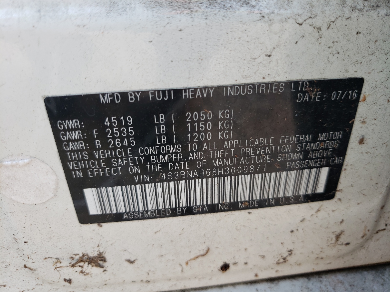 Photo 10 from auction – 2017 SUBARU LEGACY SPO with VIN 4S3BNAR68H3009871