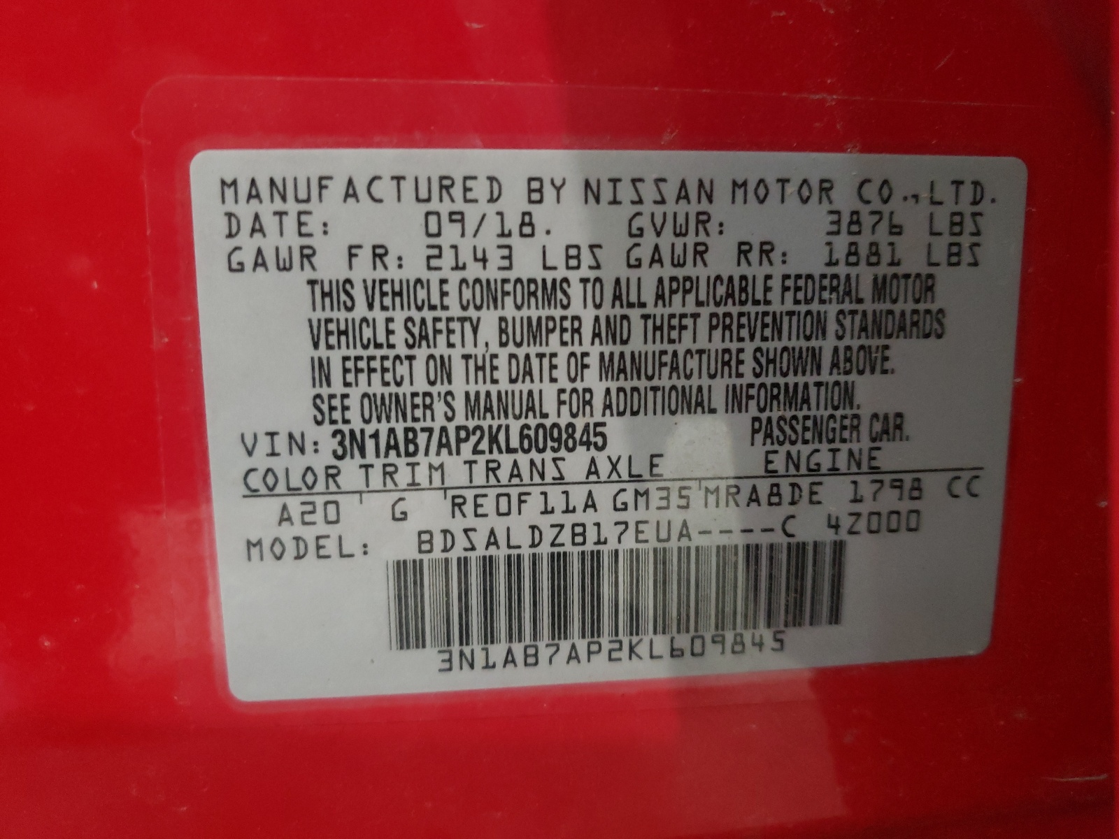 Photo 10 from auction – 2019 NISSAN SENTRA S with VIN 3N1AB7AP2KL609845