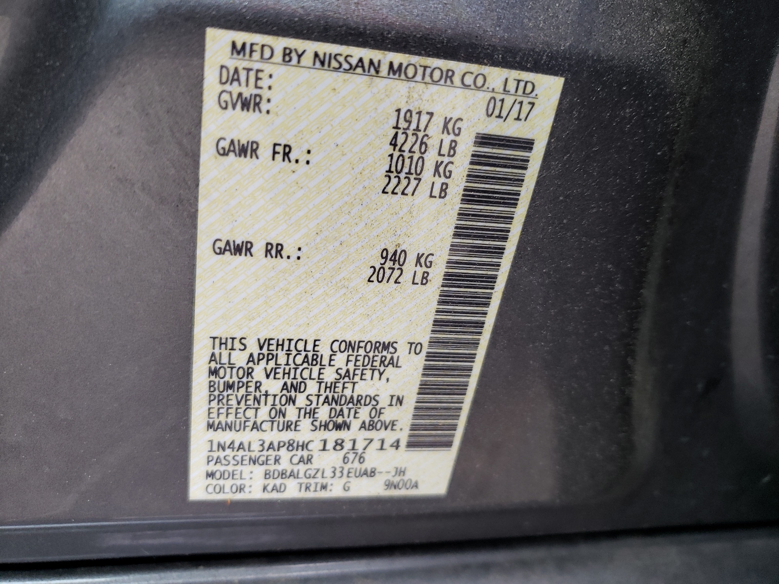 Photo 10 from auction – 2017 NISSAN ALTIMA 2.5 with VIN 1N4AL3AP8HC181714