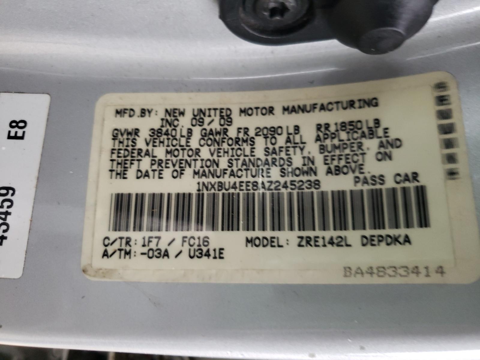 Photo 10 from auction – 2010 TOYOTA COROLLA BA with VIN 1NXBU4EE8AZ245238