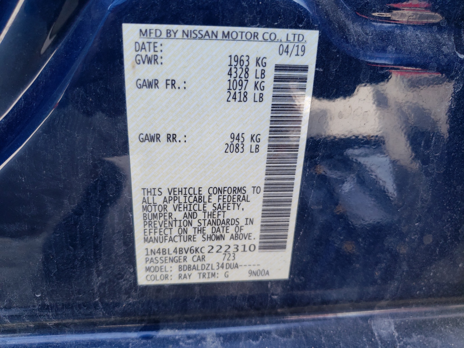Photo 10 from auction – 2019 NISSAN ALTIMA S with VIN 1N4BL4BV6KC222310