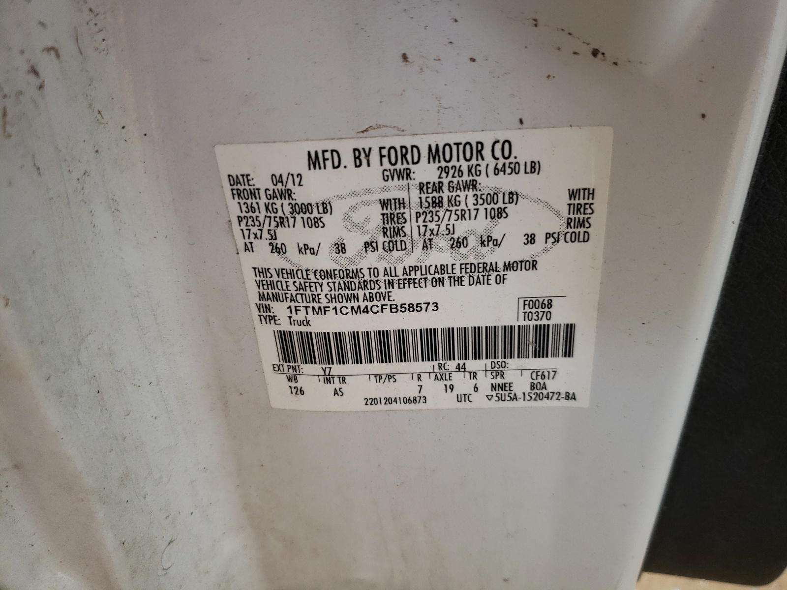 Photo 10 from auction – 2012 FORD F150 with VIN 1FTMF1CM4CFB58573