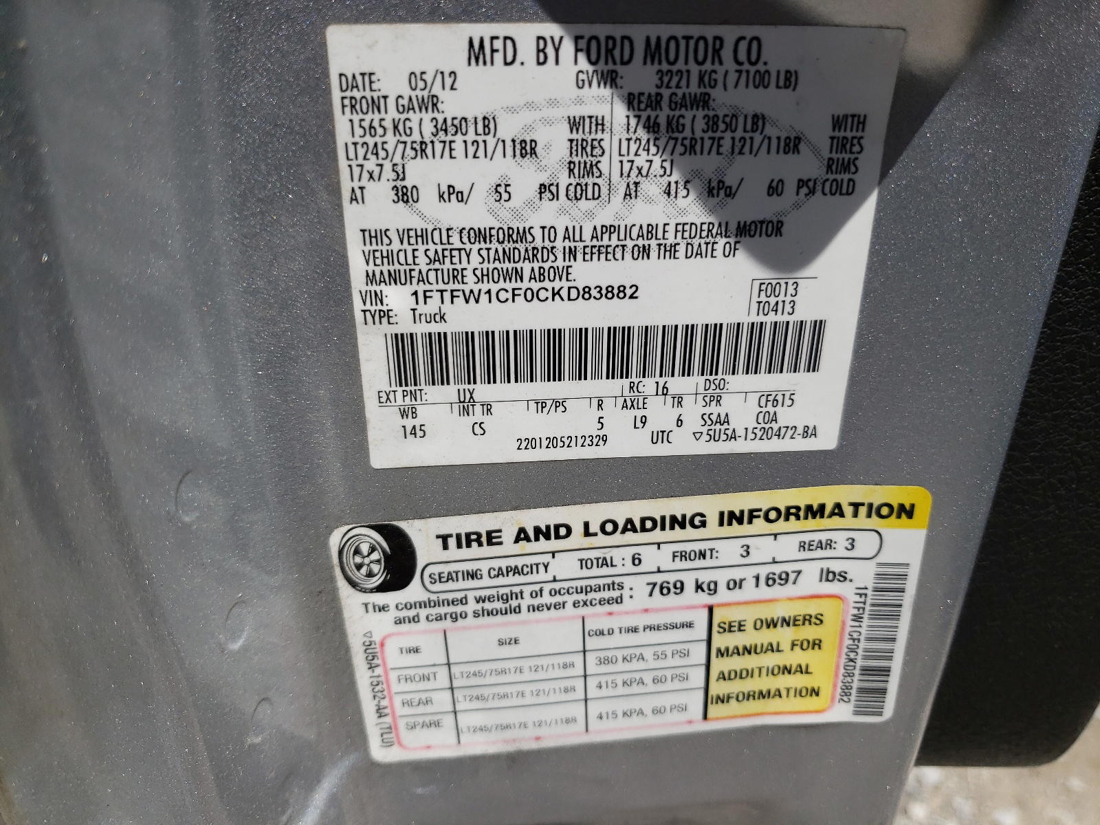Photo 10 from auction – 2012 FORD F150 SUPER with VIN 1FTFW1CF0CKD83882